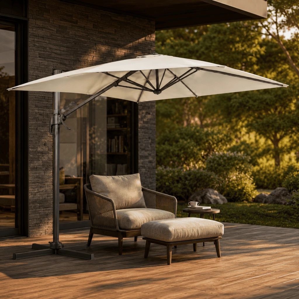 Ombrellone Girevole 360° Rotante Decentrato Rettangolare 4X3 M Con Struttura In Alluminio E Braccio In Acciaio Base A Croce Custodia Inclusa Per Giardino Terrazza Patio Piscina Ecrù