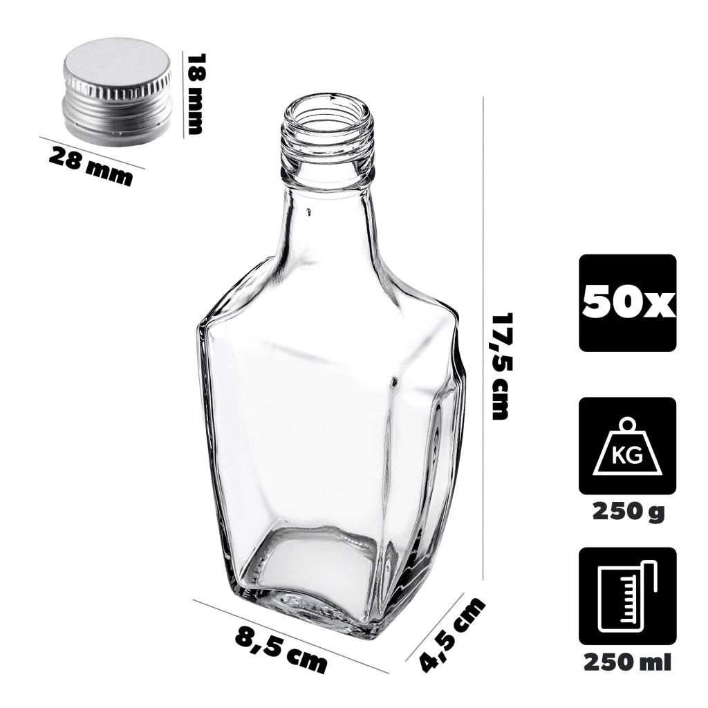 KADAX Bottiglia in Vetro per Tintura 250ml Con Tappo Argento 50pz.