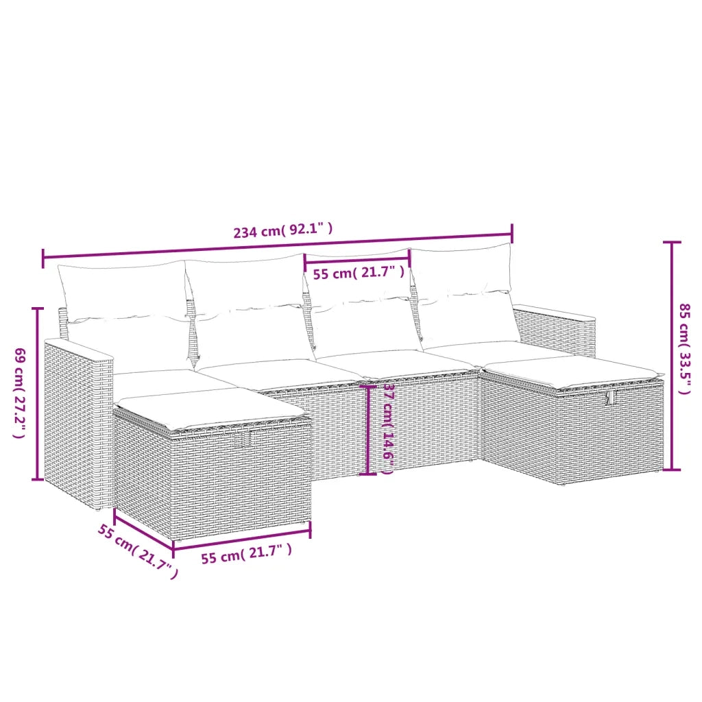 Set Divano da Giardino 6 pz con Cuscini Grigio in Polyrattan