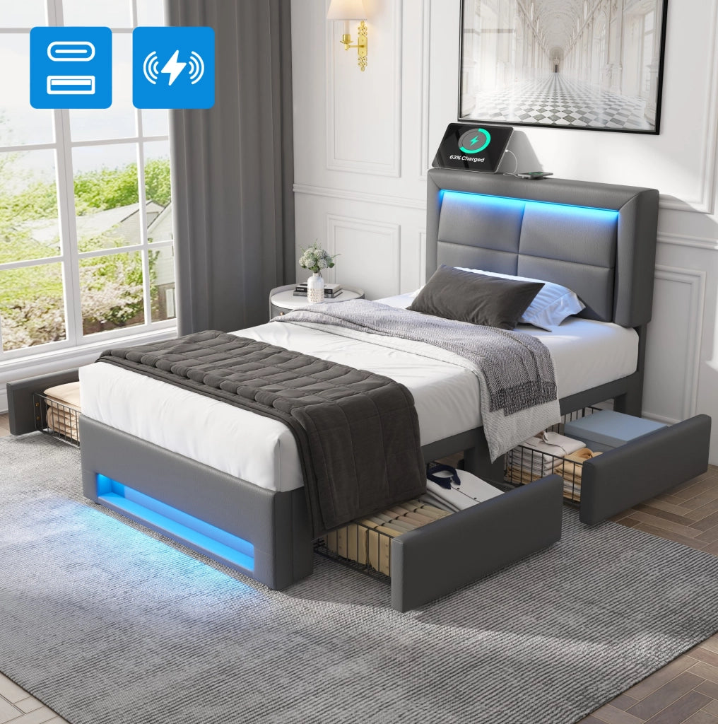 Letto imbottito 90x190 cm in PU grigio con USB; LED e quattro cassetti