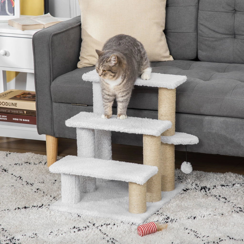 Scaletta per gatti 3 gradini con palo tiragraffi e palla ¨C zephmum ¨C 45x40x48 cm bianco