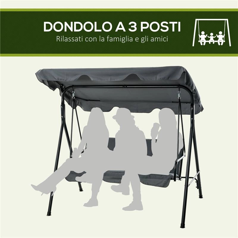 DONDOLO 3 POSTI CON TETTUCCIO REGOLABILE E CUSCINI, IN ACCIAIO E POLIESTERE, 172X110X153 CM, GRIGIO