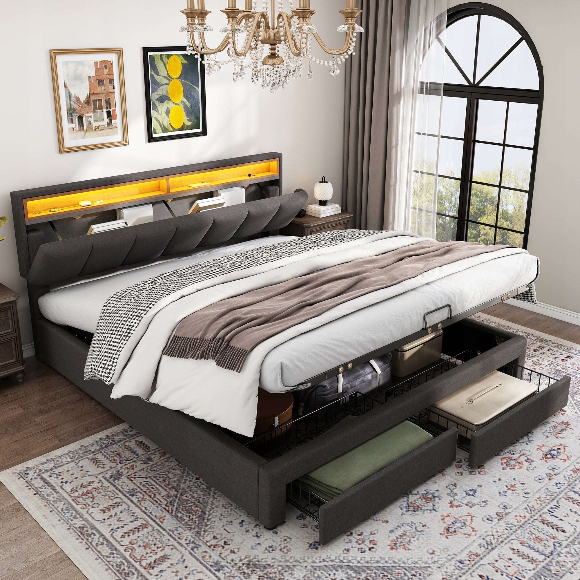 Letto matrimoniale 180x200cm - Xylo - LED, Lniane, Schowek, Szare