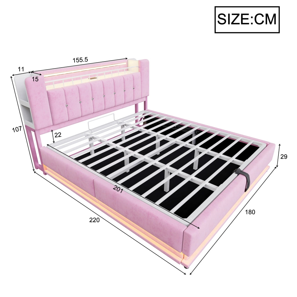 OKWISH Letto Contenitore 180×200 cm, Letto Matrimoniale con LED, USB, Tipo C e Contenitore Idraulico, senza Materasso, in Velluto, Rosa