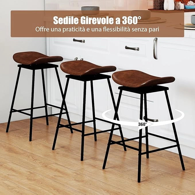 Set di 2 Sgabelli da Bar Girevoli, Sedie Alte Senza Schienale in Pelle Sintetica con Sedile a Sella Imbottito e Poggiapiedi, Portata 150 kg, per Isola della Cucina e Sala da Pranzo (Marrone)