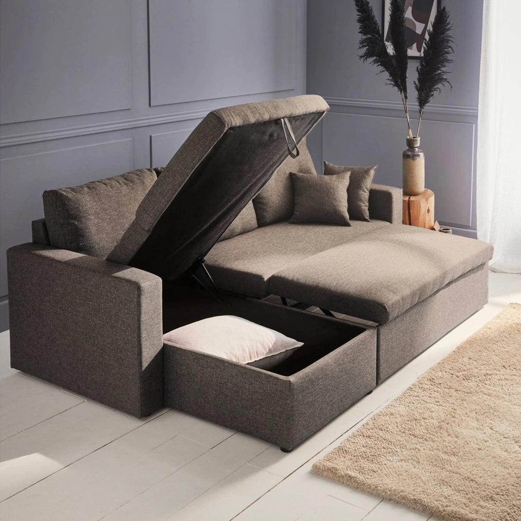 Divano letto angolare reversibile con contenitore, 3 posti, marrone