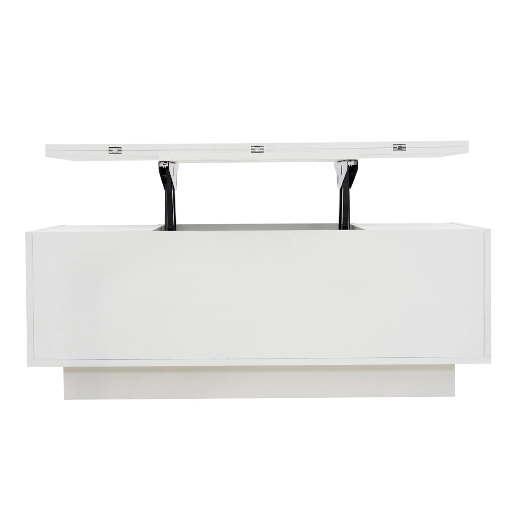 Tavolino da caffè 100x50x43 cm con doppio piano sollevabile; vano nascosto in truciolato bianco