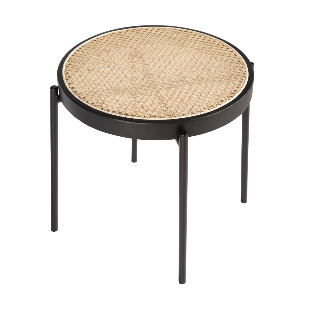 Tavolo angolare rotondo in rattan, legno nero e acciaio nero