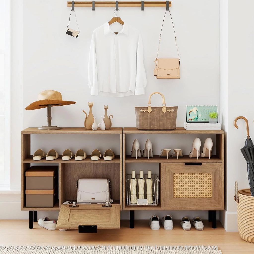 Comodino in Rattan con Conservazione, Tavolo Supplemento Stile Fattoria Moderno con Ripiani Aperti e Piedi Metallici, Notte per Camera, Soggiorno, Ufficio e Piccoli Spazi