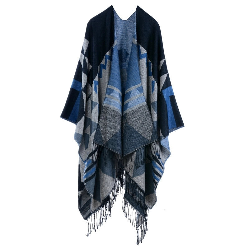 Sciarpa/mantella da viaggio in cashmere extra lungo e spesso, stile boh¨¦mien, europeo e americano, con nappe, autunno e inverno, stile etnico, con spacco, stile europeo e americano.