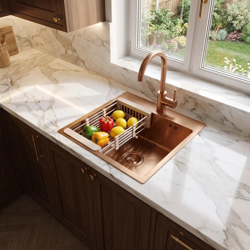 Lavello In Acciaio Con Set Di Accessori 3 Pz. Rea Leo 40 Brush Copper Accessori grigi
