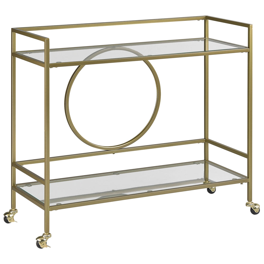 Carrello da Cucina Metallo dorato Vetro 75 x 45 cm Ruote Glamour Portaoggetti Aperto Due Piani Soggiorno