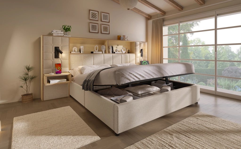 Letto matrimoniale contenitore 160 × 200 cm con 2 comodini, USB, Type-C, 2 lampade da lettura, senza materasso