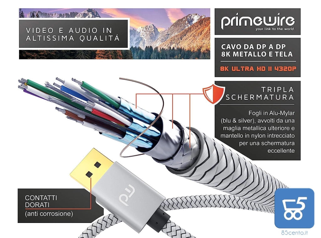 Primewire 1m Cavo DisplayPort 8k Audio Video Display Port DP to DP Alta qualitá 7680 x 4320 a 60 Hz - 3840 x 2160 a 120 Hz - 1920 x 1200 a 240 Hz - 32,4 Gbit/s