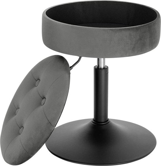 Mini Sedia da Cucina - Grigio - Set di 1 - Piccola Sedia Rotonda - Con Spazio di Deposito - Cucina - Sedia da Bar - Velluto - Regolabile in Altezza - Altezza di Seduta 49-65cm
