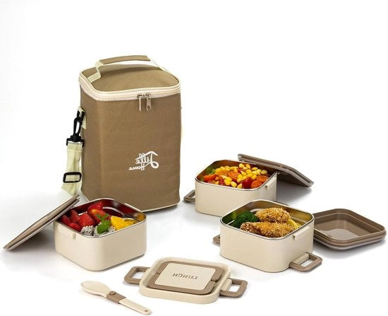 Bento Box 3 livelli trasportabile con contenitore in acciaio inossidabile impermeabile - cesta per pranzo per adulti con 4 compartimenti - beige