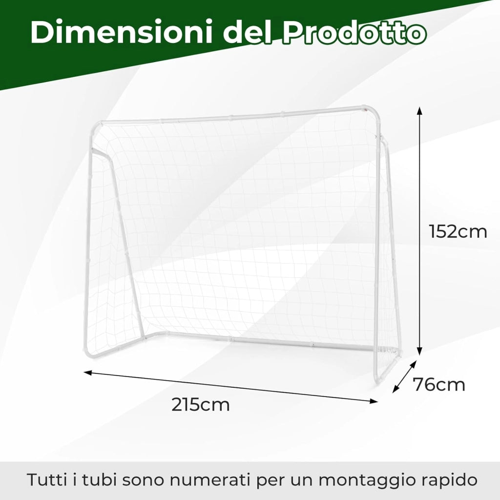 Porta da Calcio, Rete da Calcio 216 cm x 152 cm con Telaio Resistente e Picchetti per Terreno, Resistente alle Intemperie per Training di Tiro al Calcio per Bambini