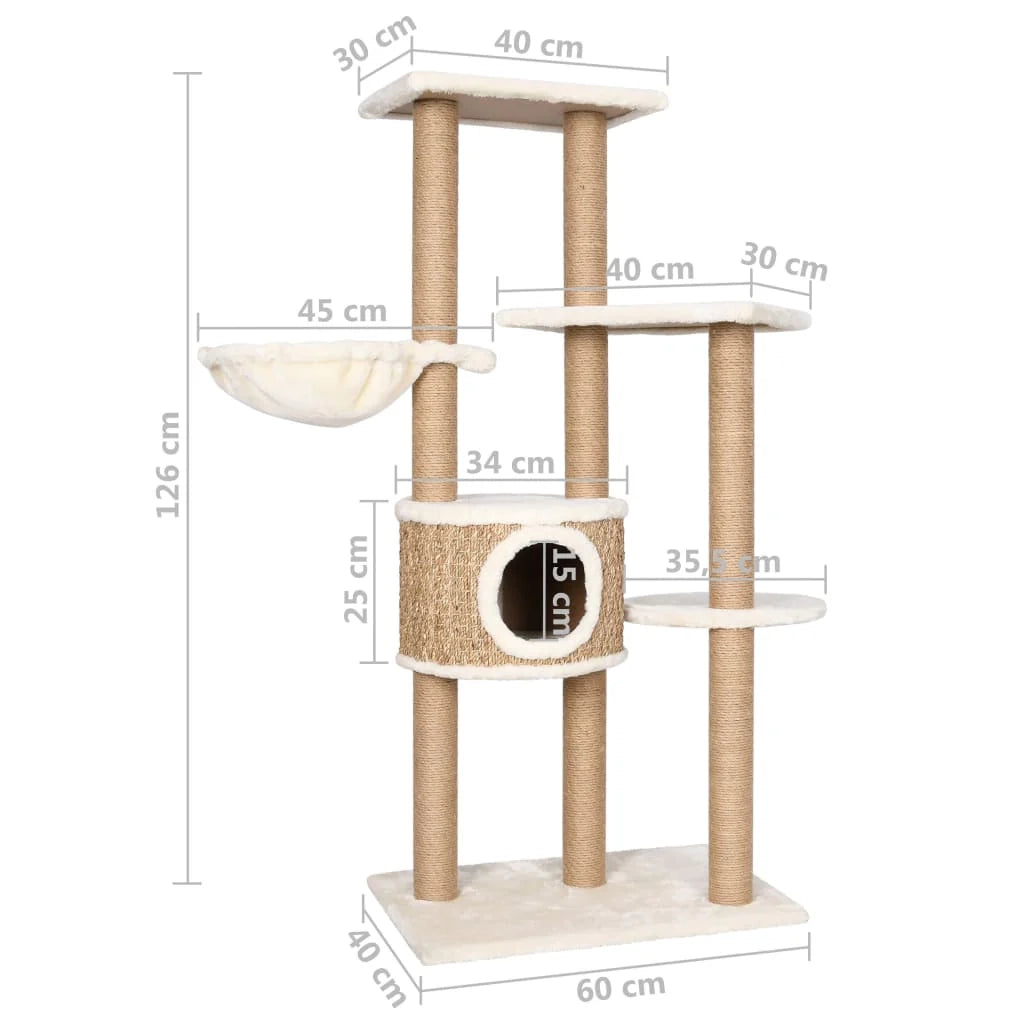 Tiragraffi per gatti torre per arrampicata giocattolo piattaforma per arrampicata con tiragraffi 126 cm erba marina Beige 02_0022446