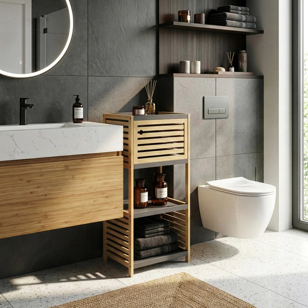 Scaffale da Bagno Kydesby in Bambù con 2 Ripiani Aperti e Scomparto ad Anta 83 x 39 x 30 cm - Naturale / Grigio [en.casa]