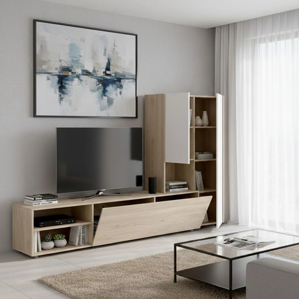 Parete attrezzata Abrino, Composizione soggiorno, Mobile salotto multiuso, Armadio porta TV, 227x40 h141 cm, Bianco e Rovere