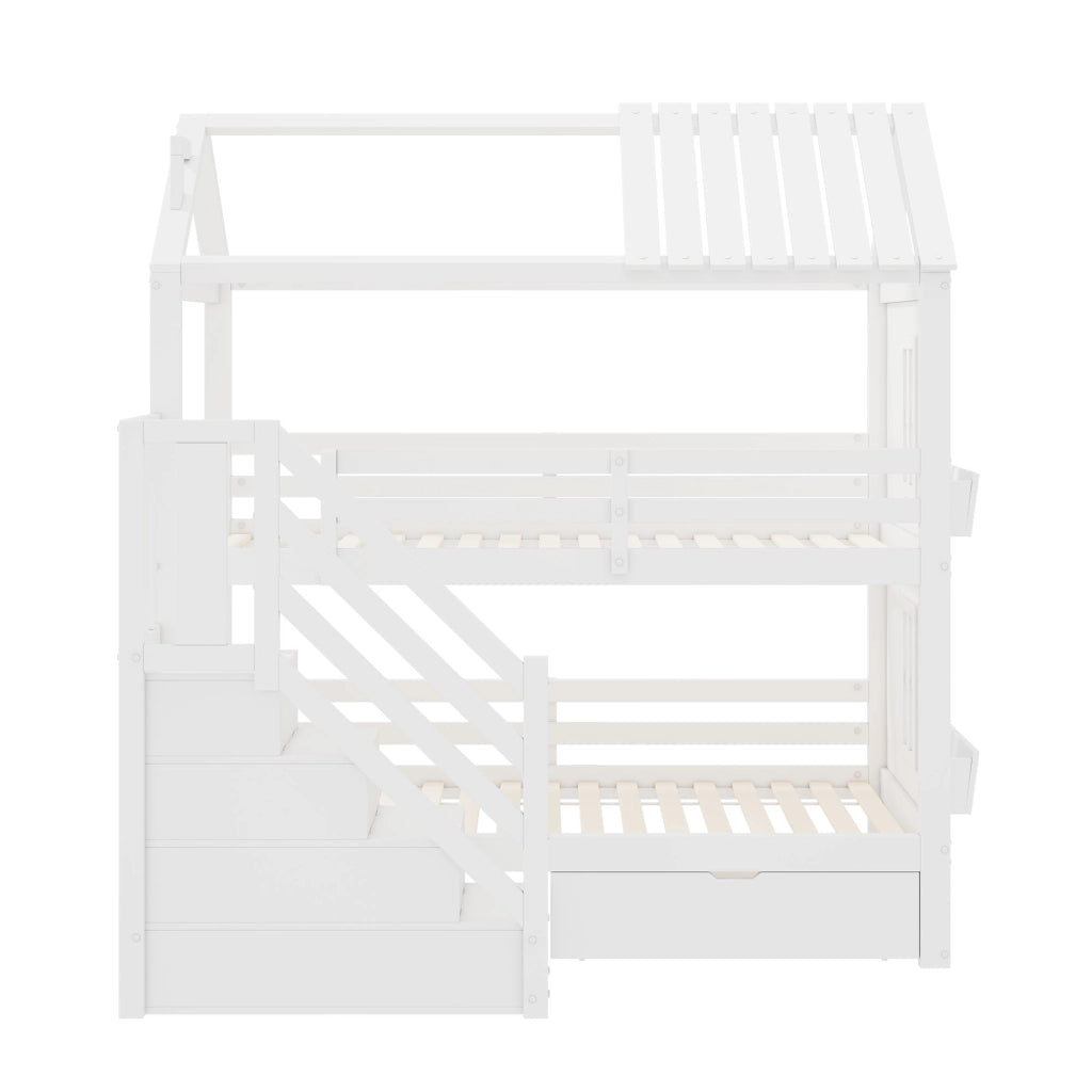 Letto a Castello 90x200 cm; Contenitore; Cassetti e Ripiani; in Legno e MDF; Bianco