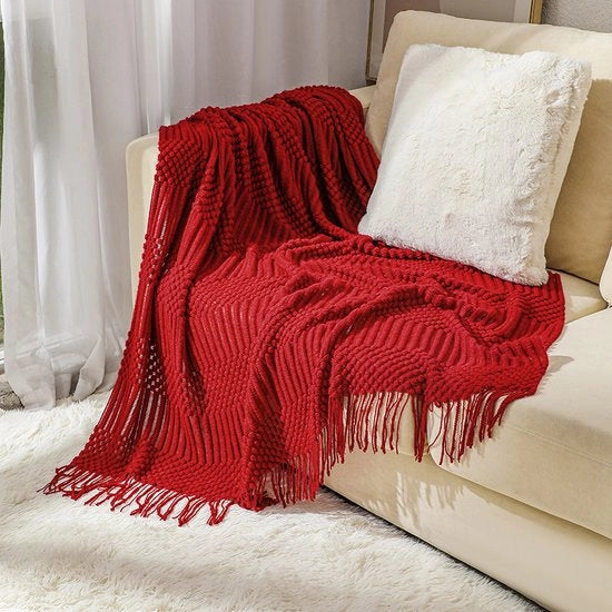 Deken in Plucché Superfino - Deken Plucché soffice - Deken plucché per divano - Deken con frange - Adatto per divano, letto (B 130 x L 220 cm) - rosso - 130*220CM
