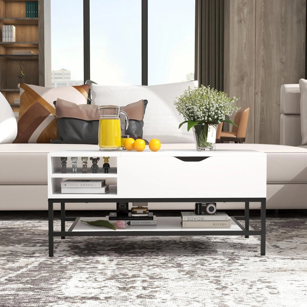 Tavolino da Salotto, Tavolino da Caffè con Piano Sollevabile, Vano Nascosto e Ripiano Rimovibile, Tavolino Basso in Legno e Metallo per Soggiorno e Sala, 100 x 50 x 48-61 cm (Bianco)