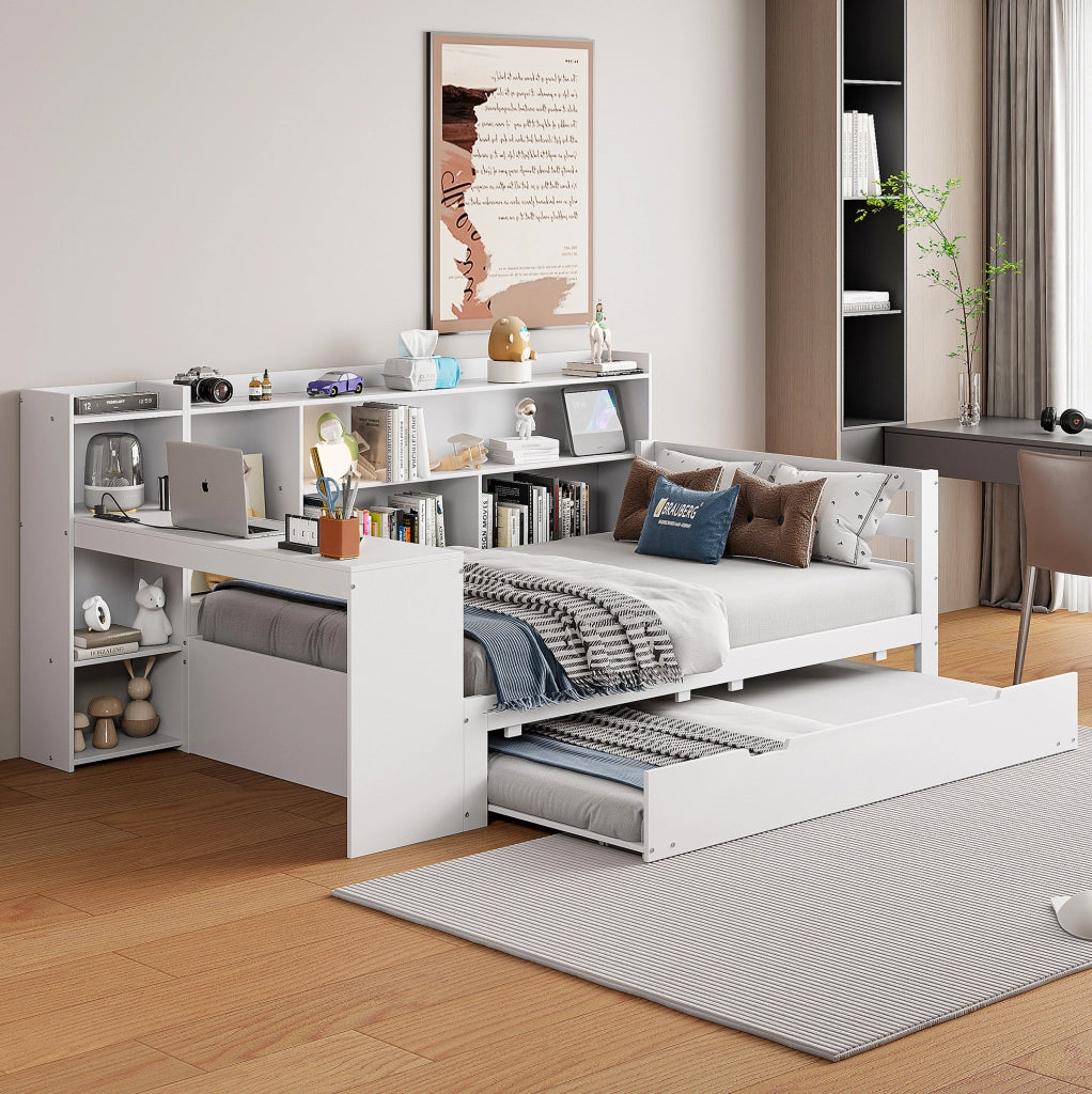 Letto multifunzionale in legno 90x200 cm con letto estraibile, scrivania e scaffali
