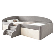 Letto per bambini 90x190 cm imbottito in velluto con sponde e scalini; grigio