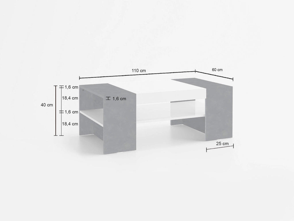 Tavolino da Ashar, Made in Italy, Tavolo da salotto, cm 110x60h40, Bianco lucido e Grigio Cenere