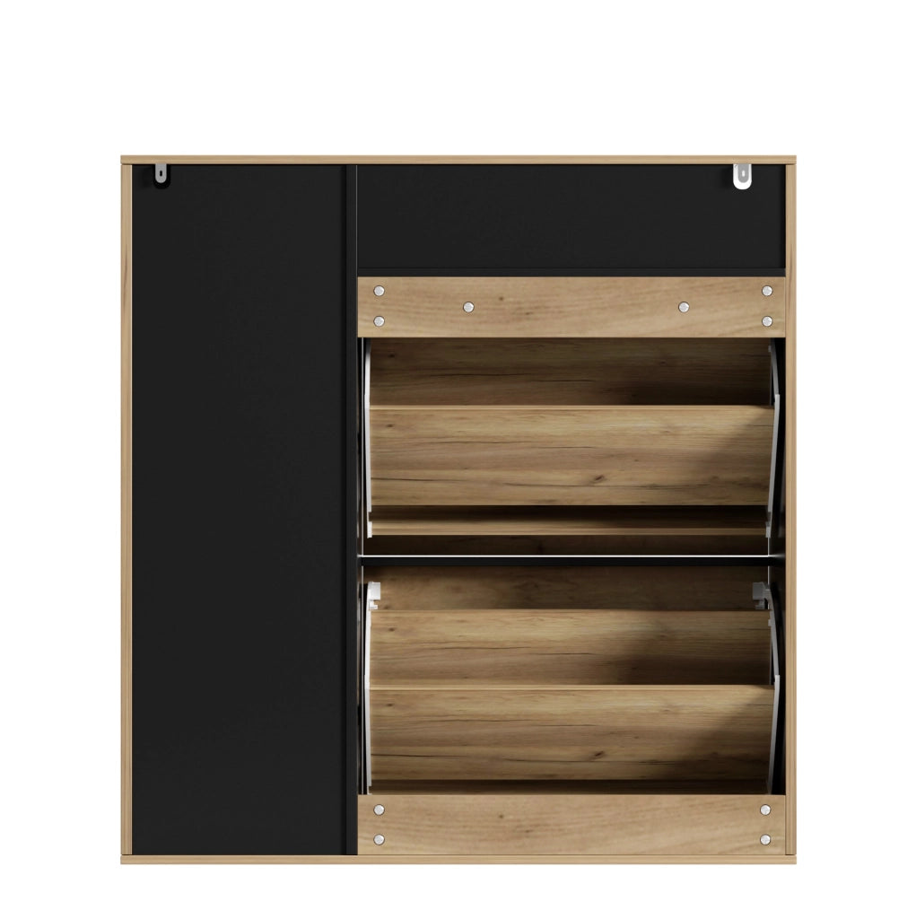Armadio scarpiere sottile con 2 ribalte e 1 anta, ripiani regolabili, design legno e nero, 90x24x94 cm