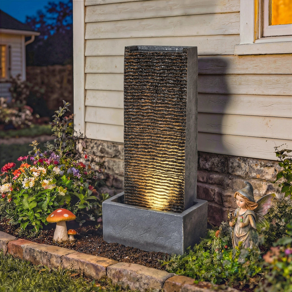 Fontana da giardino a 2 livelli con illuminazione LED e pompa effetto granito ¨C Xylo ¨C 37,5x22x80 cm