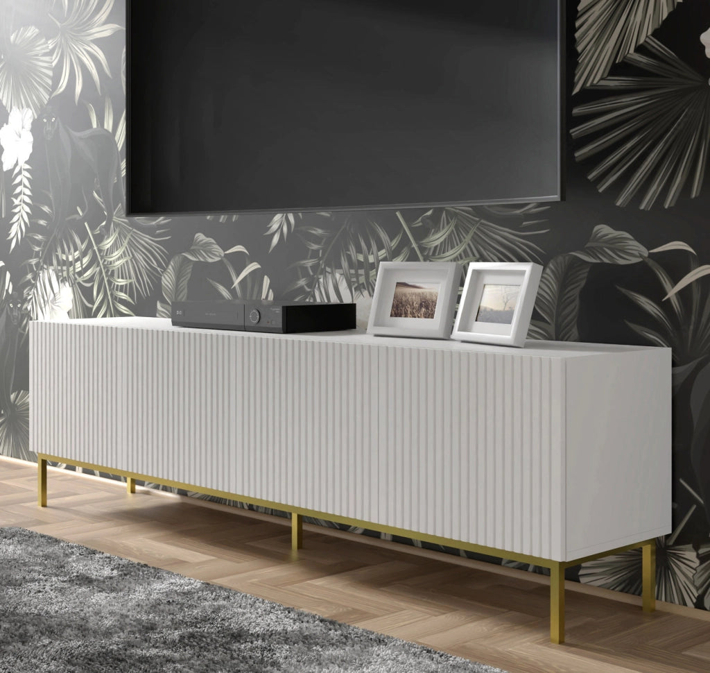 MOBILE RAVENNA B PORTA TV IN MDF RIVESTITO 4D 200 BIANCO OPACO GAMBE NERE
