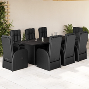 Set da Pranzo da Giardino 9 pz con Cuscini Nero in Polyrattan