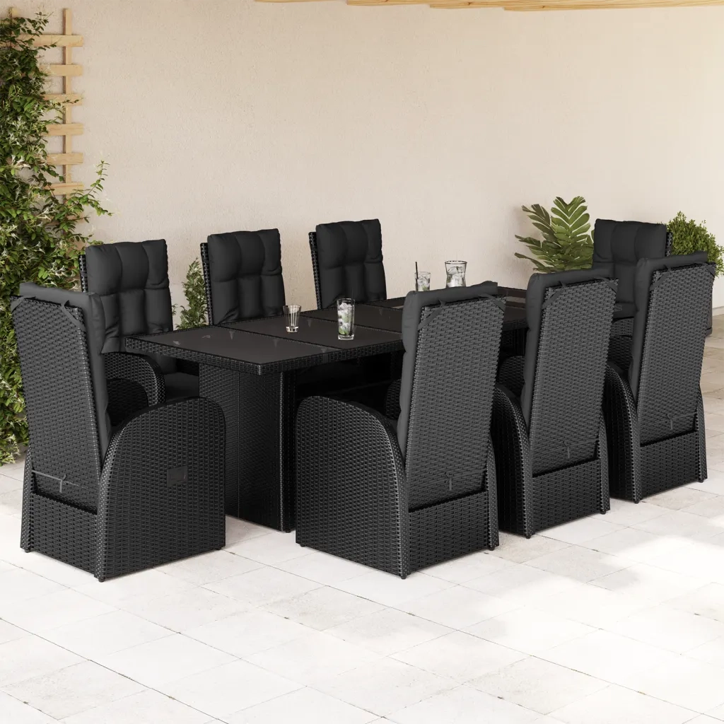 Set da Pranzo da Giardino 9 pz con Cuscini Nero in Polyrattan