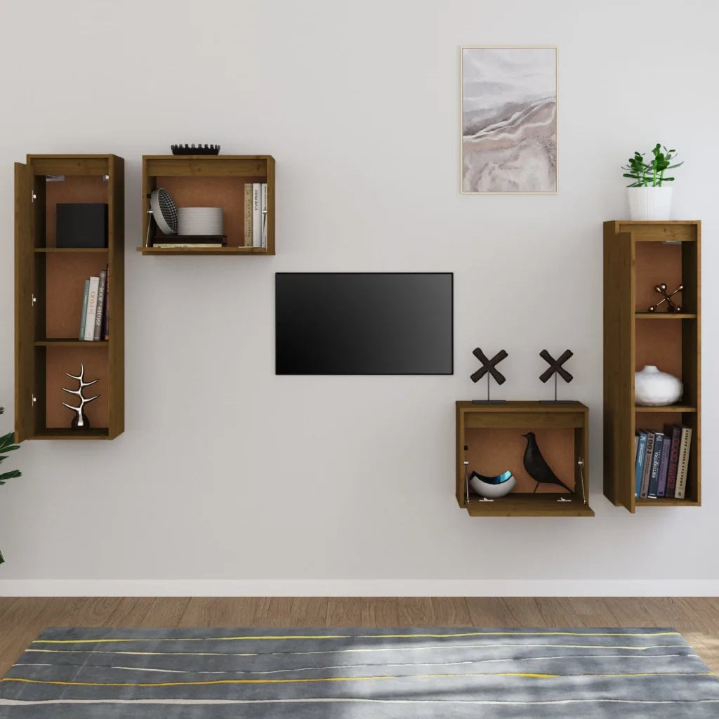 Mobili Porta TV 4 pz Miele in Legno Massello di Pino cod mxl 23416