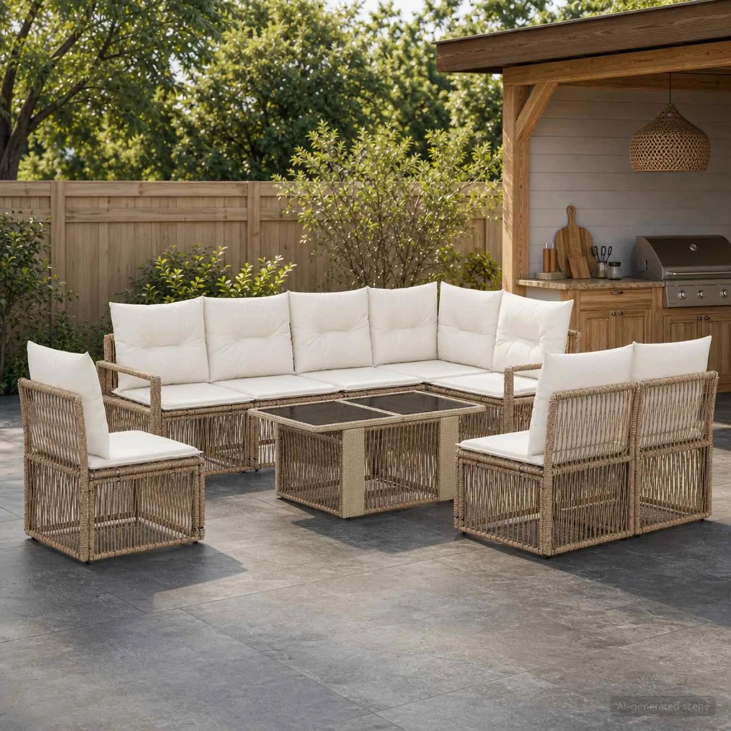 Set Divano da Giardino 9 pz Beige e Bianco Crema polyrattan 3437106