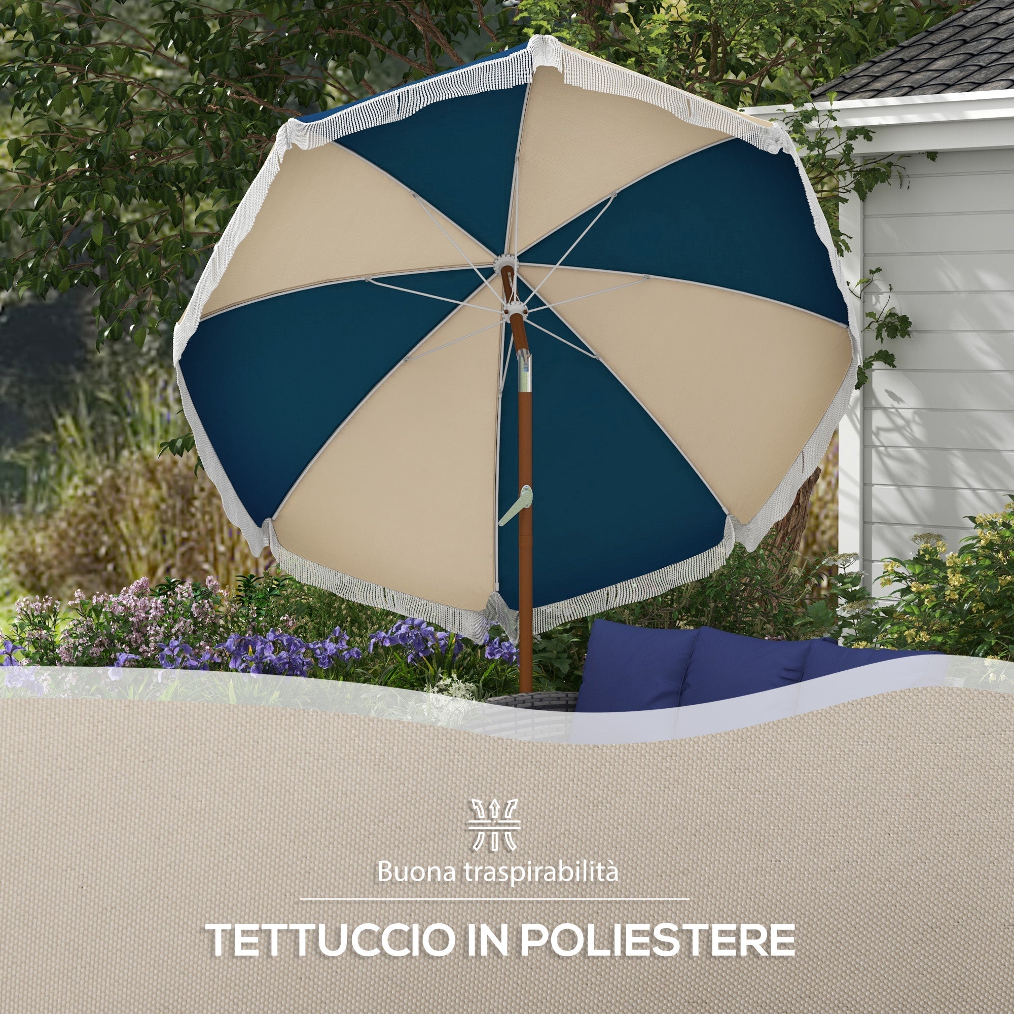 Ombrellone da Giardino Inclinabile Ø213x234 cm a 8 Stecche con Manovella Blu e Beige