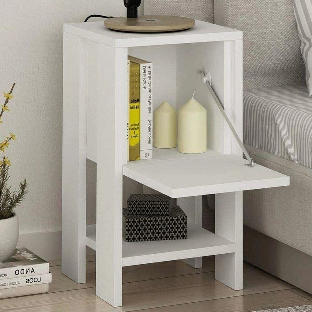 Comodino 30x30x55 cm Mobiletto con Anta a Ribalta e Ripiano in Legno Bianco