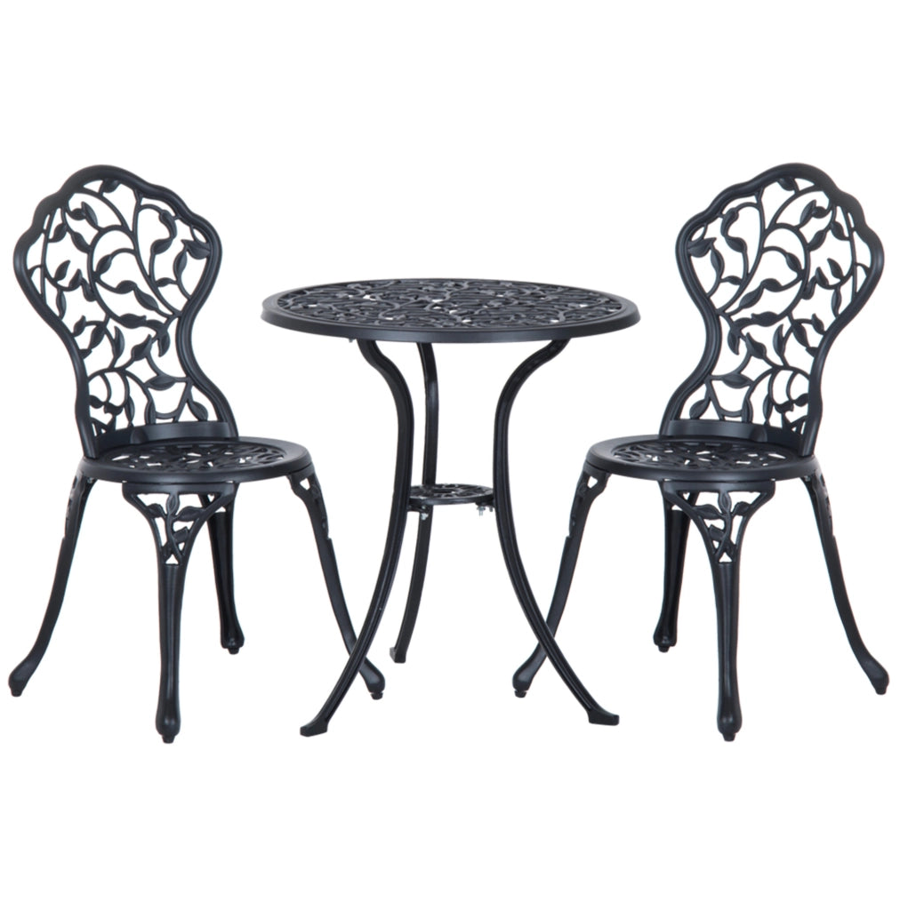 Bistrot set da 3 pezzi per esterni in alluminio nero; tavolo 60x60x65 cm