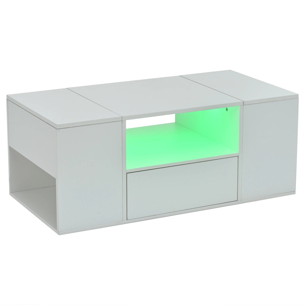 Tavolino da salotto 100 x 50 x 40 cm con cassetto, 2 vani chiusi, vani aperti e illuminazione LED, bianco lucido
