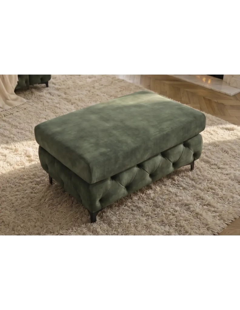 Pouf VELENA in velluto trapuntato – Verde scuro – 95 x 49 x 62 cm