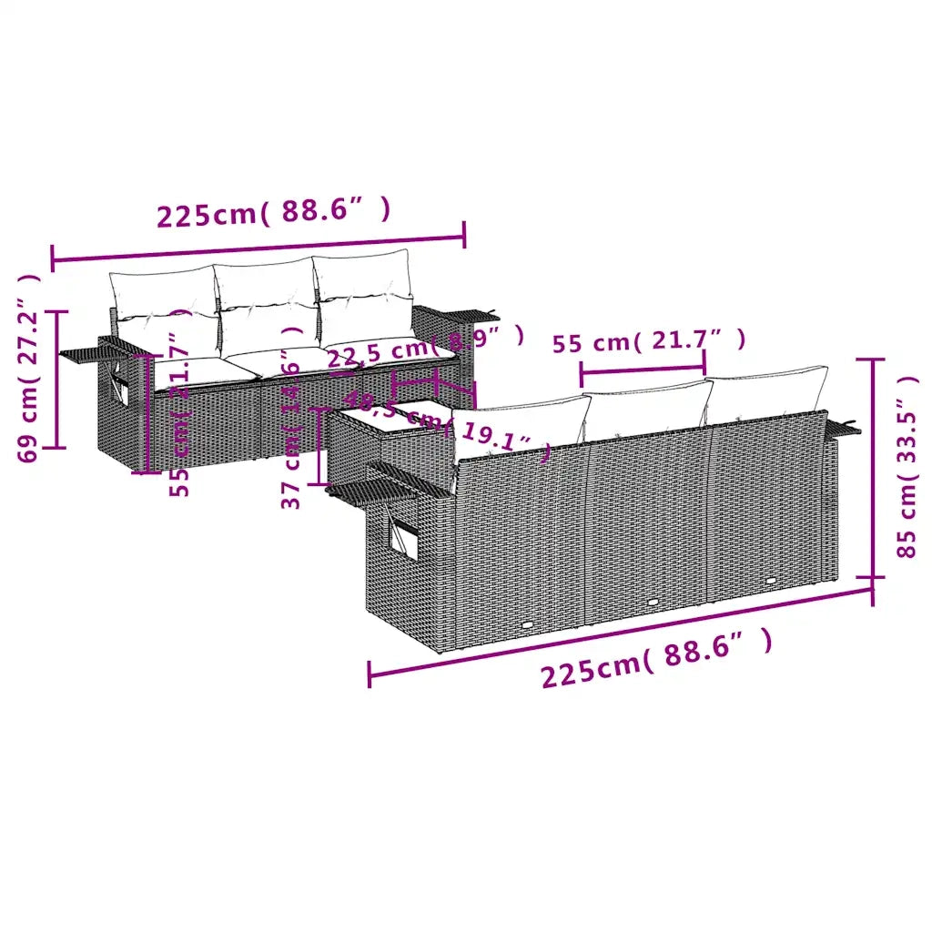 Set Divani da Giardino 7 pz con Cuscini Marrone in Polyrattan
