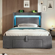 LETTO Contenitore 90x200 cm con materasso incluso, LED, USB e USB-C, Grigio, Lino