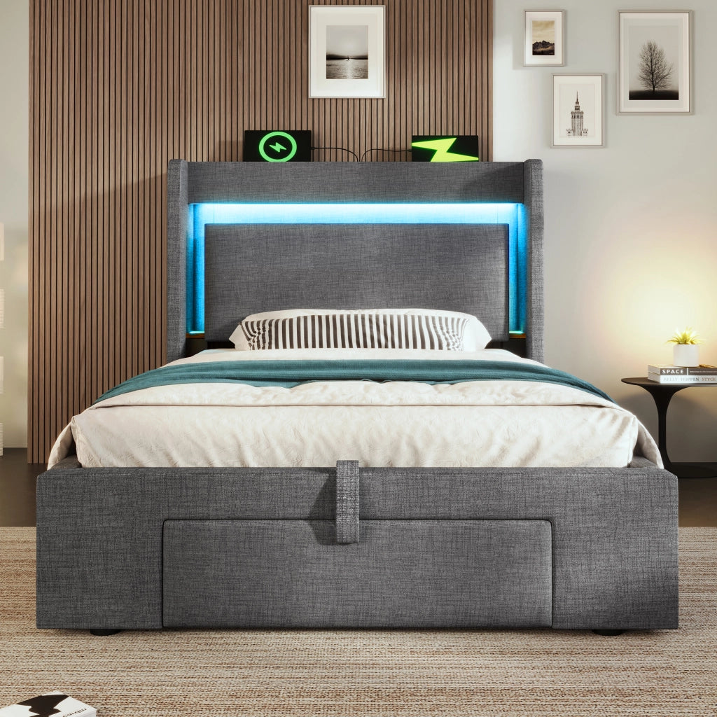 LETTO Contenitore 90x200 cm con materasso incluso, LED, USB e USB-C, Grigio, Lino