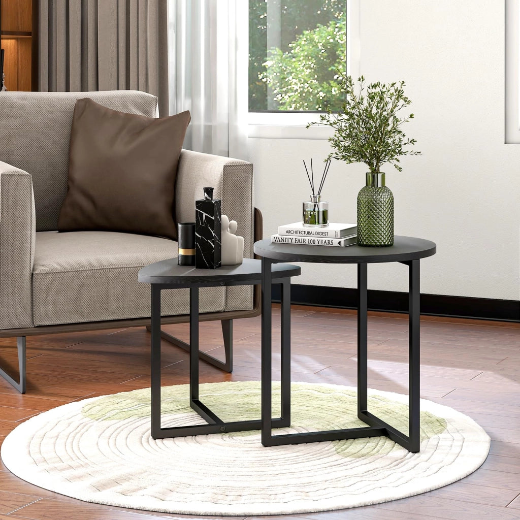 Tavolini bassi set 2 pezzi con piano a forma di cuore, stile industriale, per soggiorno, in metallo e legno nero