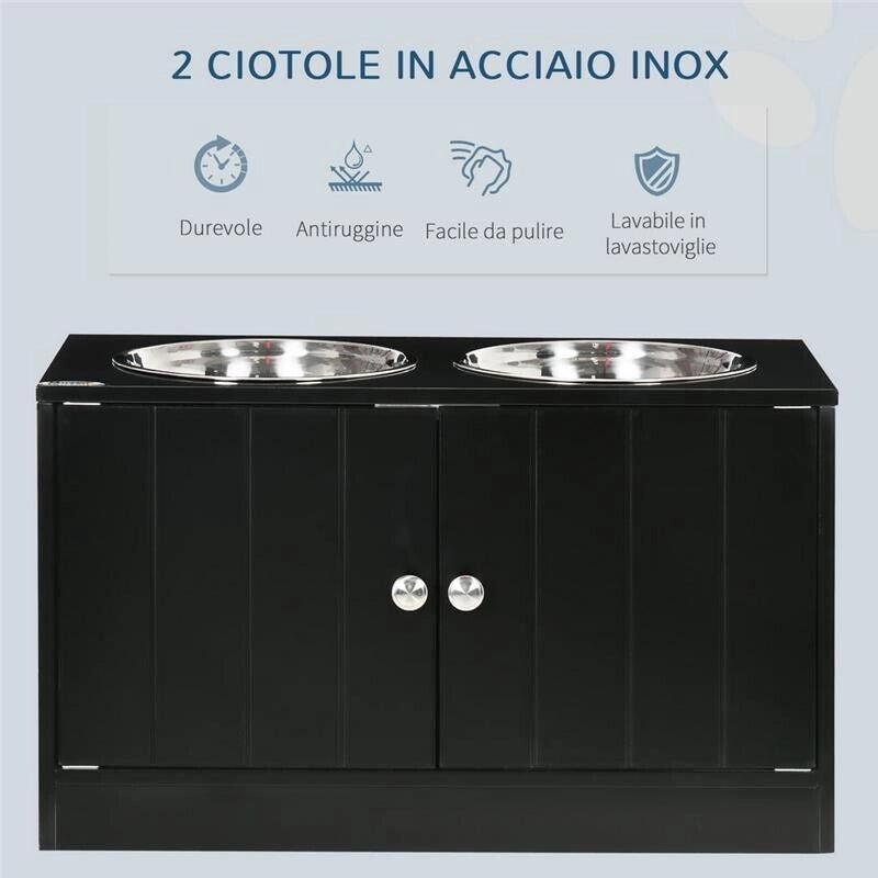 CIOTOLA PER CANI RIALZATA CON VANO CONTENITORE, 2 CIOTOLE IN ACCIAIO INOX RIMOVIBILI, 60X30X35.5CM, NERO