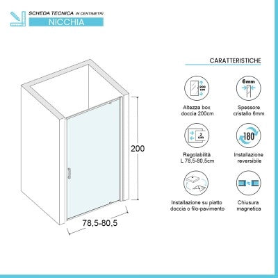 Porta doccia nicchia 80 cm a battente con vetro in cristallo trasparente Ted