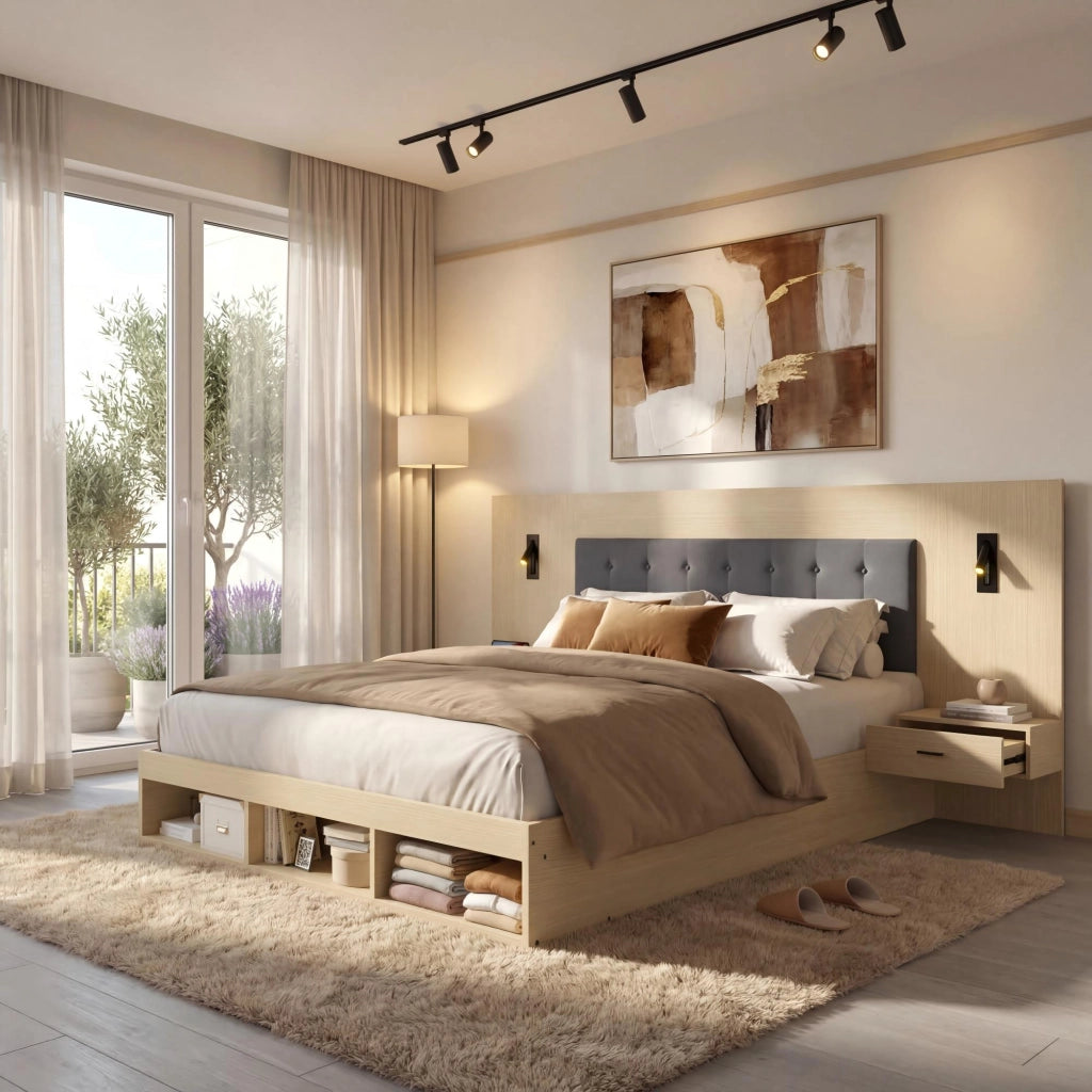 Letto matrimoniale 180x200 cm con contenitore, USB e Type-C, lampade da lettura, 2 comodini, rovere chiaro