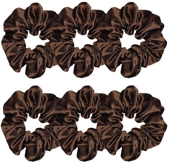 Set di 6 scrunchies in seta a mano, 4,5 pollici, marrone scuro, accessori per capelli per donne e ragazze